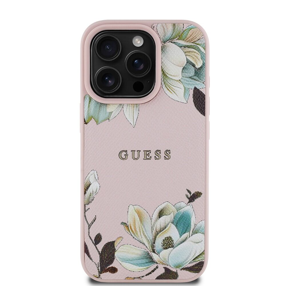 Guess Orjinal Lisanslı iPhone 16 Pro Max Kılıf – Magsafe Destekli Çiçek Desenli Metal Logolu Kapak