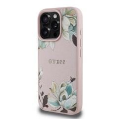 Guess Orjinal Lisanslı iPhone 16 Pro Max Kılıf – Magsafe Destekli Çiçek Desenli Metal Logolu Kapak