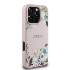 Guess Orjinal Lisanslı iPhone 16 Pro Max Kılıf – Magsafe Destekli Çiçek Desenli Metal Logolu Kapak