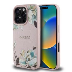 Guess Orjinal Lisanslı iPhone 16 Pro Max Kılıf – Magsafe Destekli Çiçek Desenli Metal Logolu Kapak