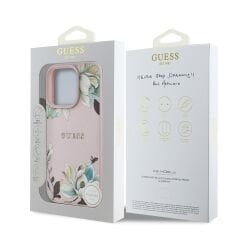 Guess Orjinal Lisanslı iPhone 16 Pro Max Kılıf – Magsafe Destekli Çiçek Desenli Metal Logolu Kapak