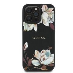 Guess Orjinal Lisanslı iPhone 16 Pro Max Kılıf – Magsafe Destekli Çiçek Desenli Metal Logolu Kapak
