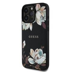 Guess Orjinal Lisanslı iPhone 16 Pro Max Kılıf – Magsafe Destekli Çiçek Desenli Metal Logolu Kapak