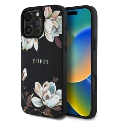 Guess Orjinal Lisanslı iPhone 16 Pro Max Kılıf – Magsafe Destekli Çiçek Desenli Metal Logolu Kapak