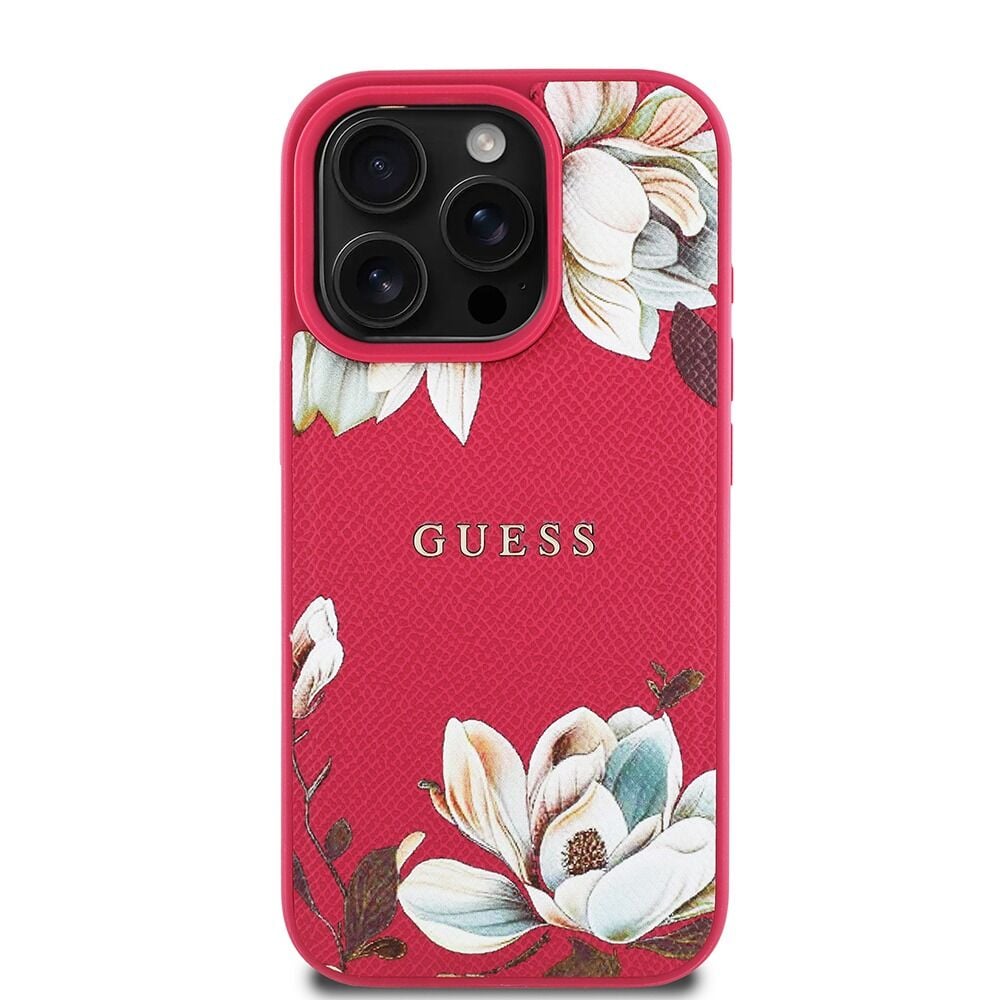Guess Orjinal Lisanslı iPhone 16 Pro Max Kılıf – Magsafe Destekli Çiçek Desenli Metal Logolu Kapak