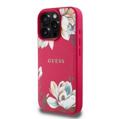 Guess Orjinal Lisanslı iPhone 16 Pro Max Kılıf – Magsafe Destekli Çiçek Desenli Metal Logolu Kapak