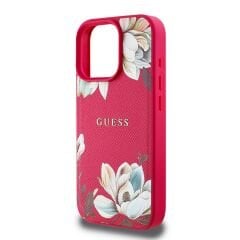 Guess Orjinal Lisanslı iPhone 16 Pro Max Kılıf – Magsafe Destekli Çiçek Desenli Metal Logolu Kapak