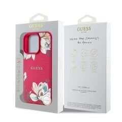 Guess Orjinal Lisanslı iPhone 16 Pro Max Kılıf – Magsafe Destekli Çiçek Desenli Metal Logolu Kapak