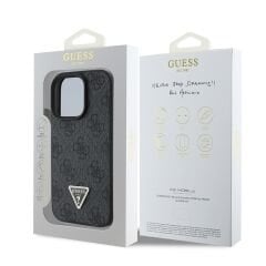 Guess Orjinal Lisanslı iPhone 16 Pro Max Kılıf  SİYAH – PU Deri Strass Taşlı 4G Desenli Üçgen Logo Kapak