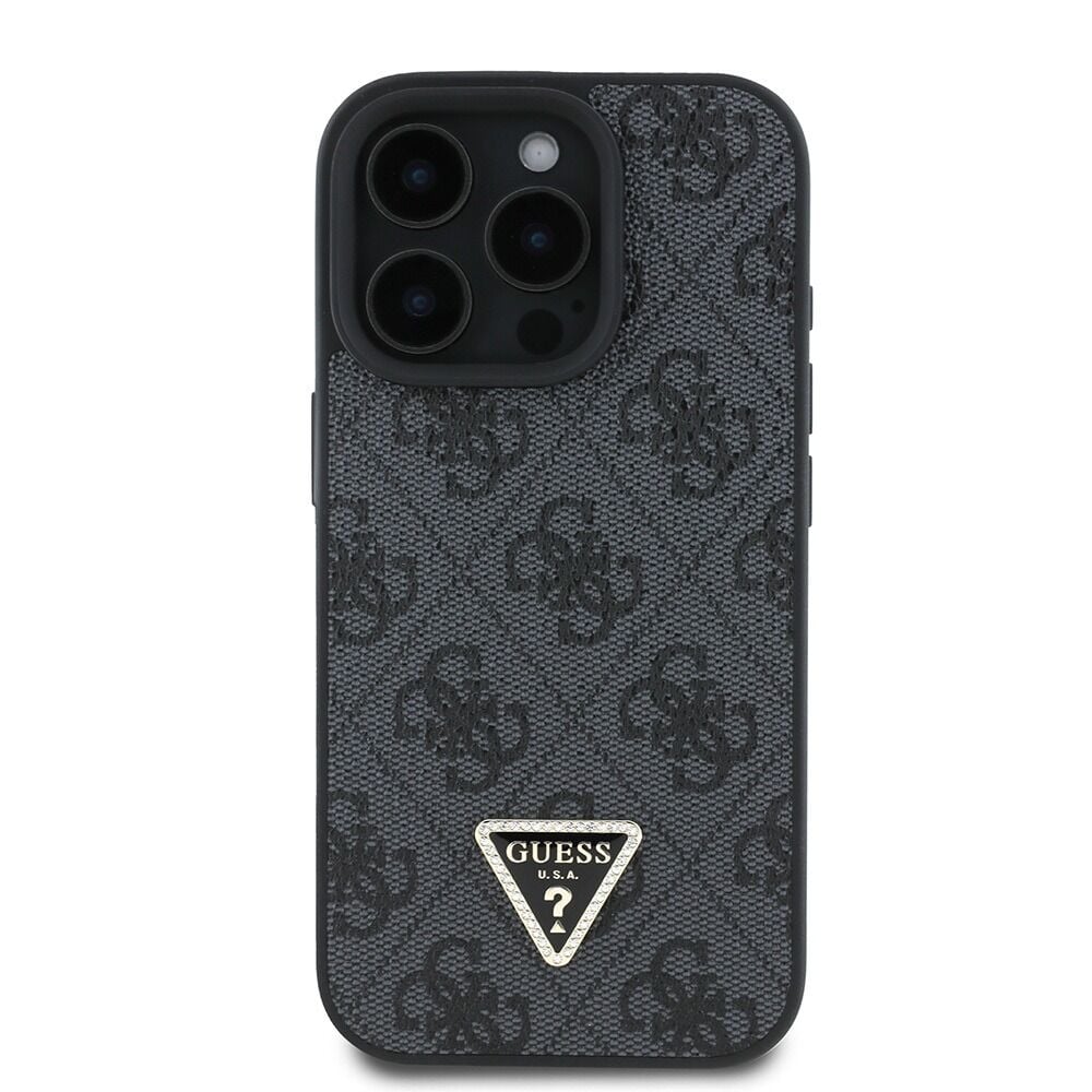 Guess Orjinal Lisanslı iPhone 16 Pro Max Kılıf  SİYAH – PU Deri Strass Taşlı 4G Desenli Üçgen Logo Kapak