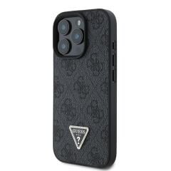 Guess Orjinal Lisanslı iPhone 16 Pro Max Kılıf  SİYAH – PU Deri Strass Taşlı 4G Desenli Üçgen Logo Kapak