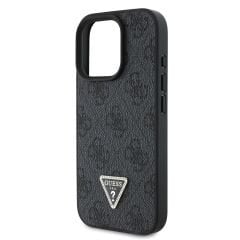 Guess Orjinal Lisanslı iPhone 16 Pro Max Kılıf  SİYAH – PU Deri Strass Taşlı 4G Desenli Üçgen Logo Kapak