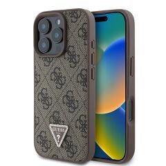 Guess Orjinal Lisanslı iPhone 16 Pro Max Kılıf  KAHVERENGİ– PU Deri Strass Taşlı 4G Desenli Üçgen Logo Kapak