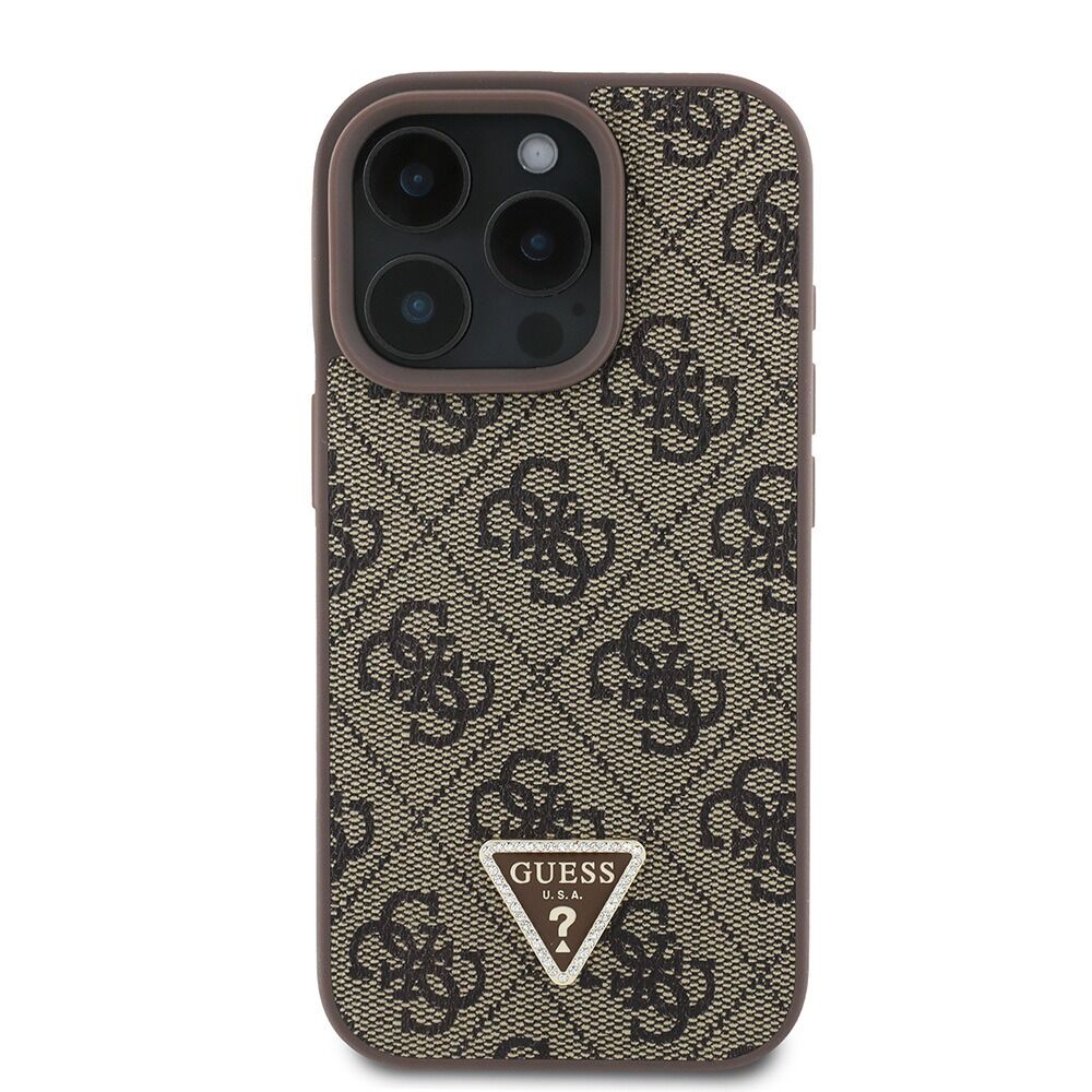 Guess Orjinal Lisanslı iPhone 16 Pro Max Kılıf  KAHVERENGİ– PU Deri Strass Taşlı 4G Desenli Üçgen Logo Kapak