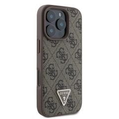 Guess Orjinal Lisanslı iPhone 16 Pro Max Kılıf  KAHVERENGİ– PU Deri Strass Taşlı 4G Desenli Üçgen Logo Kapak