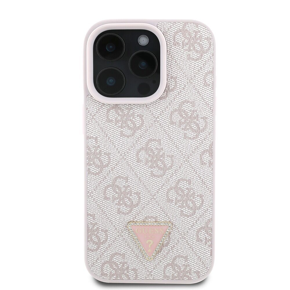 Guess Orjinal Lisanslı iPhone 16 Pro Max Kılıf  PEMBE– PU Deri Strass Taşlı 4G Desenli Üçgen Logo Kapak