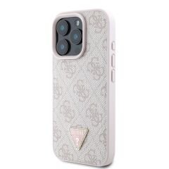 Guess Orjinal Lisanslı iPhone 16 Pro Max Kılıf  PEMBE– PU Deri Strass Taşlı 4G Desenli Üçgen Logo Kapak