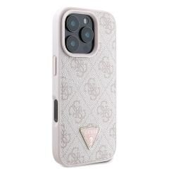 Guess Orjinal Lisanslı iPhone 16 Pro Max Kılıf  PEMBE– PU Deri Strass Taşlı 4G Desenli Üçgen Logo Kapak