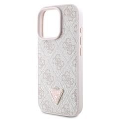 Guess Orjinal Lisanslı iPhone 16 Pro Max Kılıf  PEMBE– PU Deri Strass Taşlı 4G Desenli Üçgen Logo Kapak