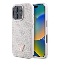 Guess Orjinal Lisanslı iPhone 16 Pro Max Kılıf  PEMBE– PU Deri Strass Taşlı 4G Desenli Üçgen Logo Kapak