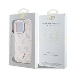 Guess Orjinal Lisanslı iPhone 16 Pro Max Kılıf  PEMBE– PU Deri Strass Taşlı 4G Desenli Üçgen Logo Kapak