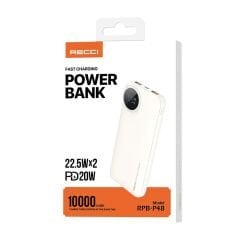 Recci RPB-P48 10000mAh Powerbank Beyaz – PD 20W Hızlı Şarj, 22.5W Çıkış, LED Ekranlı Taşınabilir Şarj Cihazı
