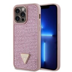 Apple iPhone 15 Pro Max Kılıf Guess Orjinal Lisanslı Taşlı Üçgen Logolu Kapak