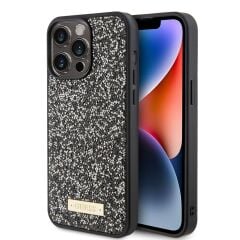 Apple iPhone 15 Pro Max Kılıf Guess Orjinal Lisanslı Taşlı Metal Yazı Logolu Kapak