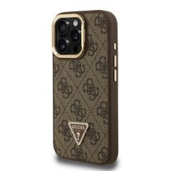 iPhone 15 Pro Max Guess Orijinal Lisanslı PU Deri Taşlı Üçgen Logo 4G Desenli Kamera Standlı Kılıf