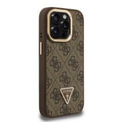 iPhone 15 Pro Max Guess Orijinal Lisanslı PU Deri Taşlı Üçgen Logo 4G Desenli Kamera Standlı Kılıf