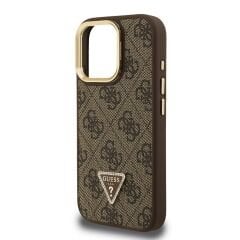 iPhone 15 Pro Max Guess Orijinal Lisanslı PU Deri Taşlı Üçgen Logo 4G Desenli Kamera Standlı Kılıf