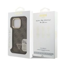 iPhone 15 Pro Max Guess Orijinal Lisanslı PU Deri Taşlı Üçgen Logo 4G Desenli Kamera Standlı Kılıf