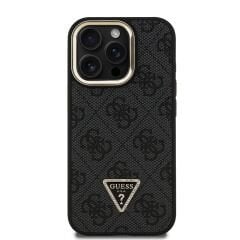 iPhone 15 Pro Max Guess Orijinal Lisanslı PU Deri Taşlı Üçgen Logo 4G Desenli Kamera Standlı Kılıf