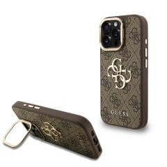 iPhone 15 Pro Max Guess Orijinal Lisanslı PU Deri 4G Desenli Metal Logolu Kamera Standlı Kılıf