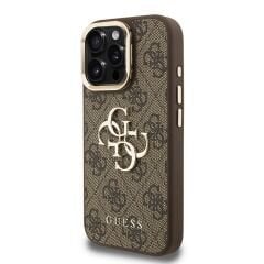 iPhone 15 Pro Max Guess Orijinal Lisanslı PU Deri 4G Desenli Metal Logolu Kamera Standlı Kılıf