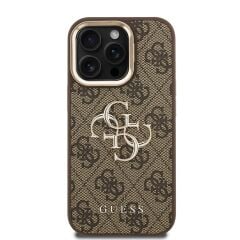 iPhone 15 Pro Max Guess Orijinal Lisanslı PU Deri 4G Desenli Metal Logolu Kamera Standlı Kılıf