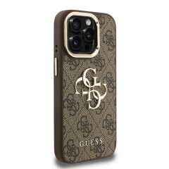 iPhone 15 Pro Max Guess Orijinal Lisanslı PU Deri 4G Desenli Metal Logolu Kamera Standlı Kılıf