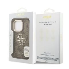 iPhone 15 Pro Max Guess Orijinal Lisanslı PU Deri 4G Desenli Metal Logolu Kamera Standlı Kılıf