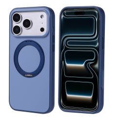 iPhone 17 Pro Max İçin Halka Standlı Döndürülebilen MagSafe Uyumlu Slikon Kılıf (Lacivert)