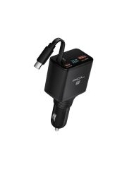 60W Süper Hızlı Araç Şarj Cihazı – Geri Çekilebilir USB-C Kablolu, LCD Dijital Göstergeli