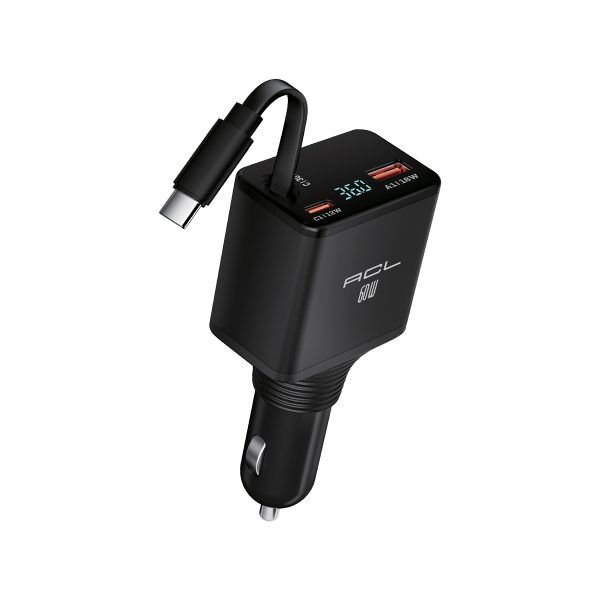 60W Süper Hızlı Araç Şarj Cihazı – Geri Çekilebilir USB-C Kablolu, LCD Dijital Göstergeli