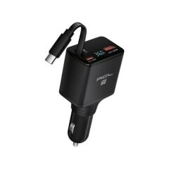 60W Süper Hızlı Araç Şarj Cihazı – Geri Çekilebilir USB-C Kablolu, LCD Dijital Göstergeli