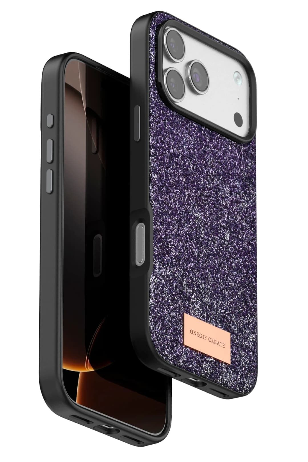 iPhone 17 Pro OneGif Simli Kılıf – Boncuk Detaylı Parlak Telefon Kapağı Mor