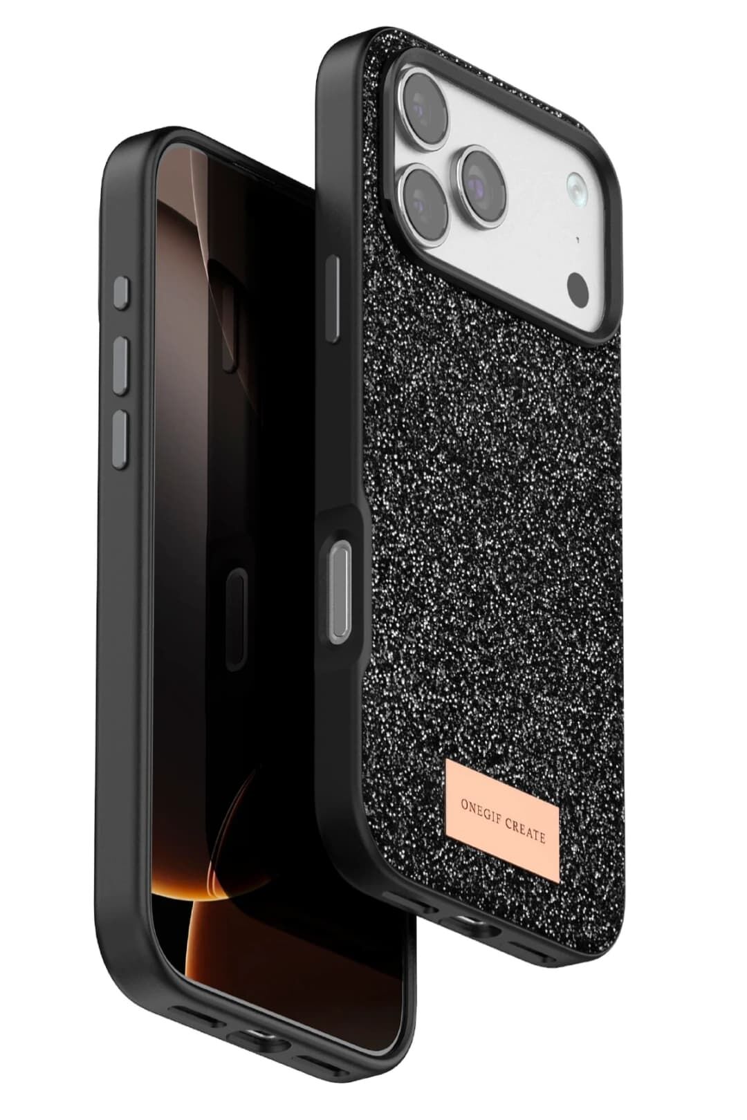 iPhone 17 Pro OneGif Simli Kılıf – Boncuk Detaylı Parlak Telefon Kapağı Siyah