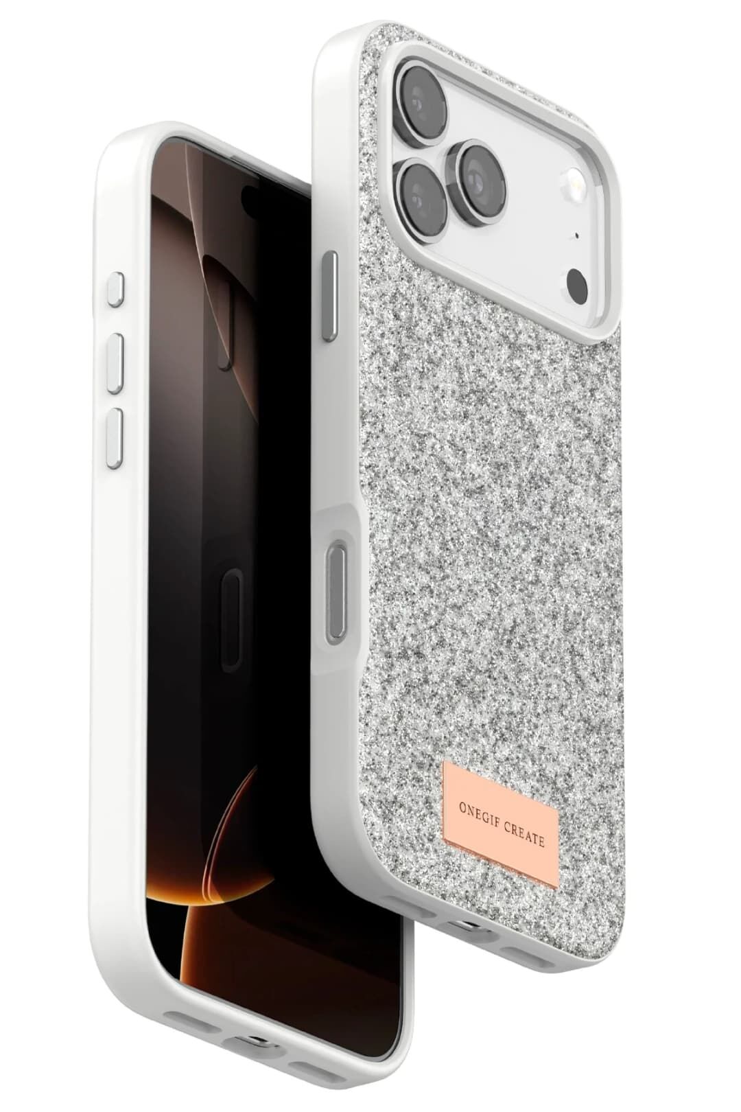 iPhone 17 Pro OneGif Simli Kılıf – Boncuk Detaylı Parlak Telefon Kapağı Beyaz