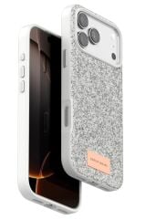 iPhone 17 Pro OneGif Simli Kılıf – Boncuk Detaylı Parlak Telefon Kapağı Beyaz