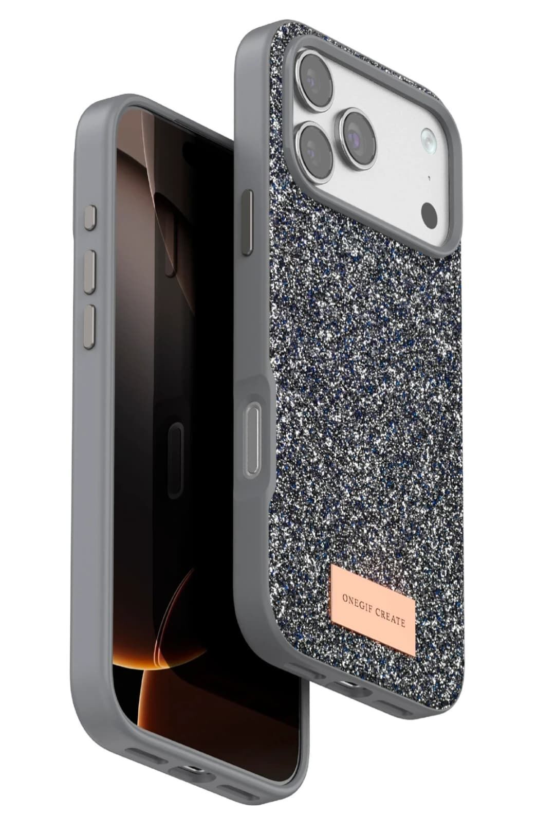 iPhone 17 Pro OneGif Simli Kılıf – Boncuk Detaylı Parlak Telefon Kapağı Gri