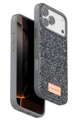 iPhone 17 Pro OneGif Simli Kılıf – Boncuk Detaylı Parlak Telefon Kapağı Gri