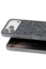 iPhone 17 Pro OneGif Simli Kılıf – Boncuk Detaylı Parlak Telefon Kapağı Gri