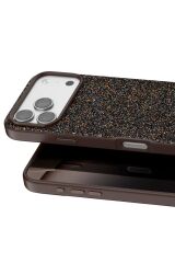 iPhone 17 Pro Max OneGif Simli Kılıf – Boncuk Detaylı Parlak Telefon Kapağı Kahve